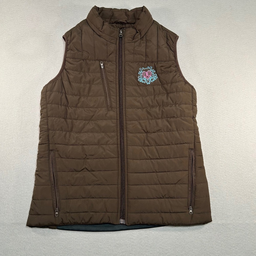 Cowgirl Legend Puffer Vest Womens Medium Brown Quilted Embroidered Heart Zip Up